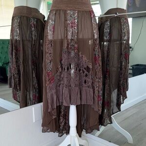 Bohemian Lace-Trim Brown High-Low Skirt